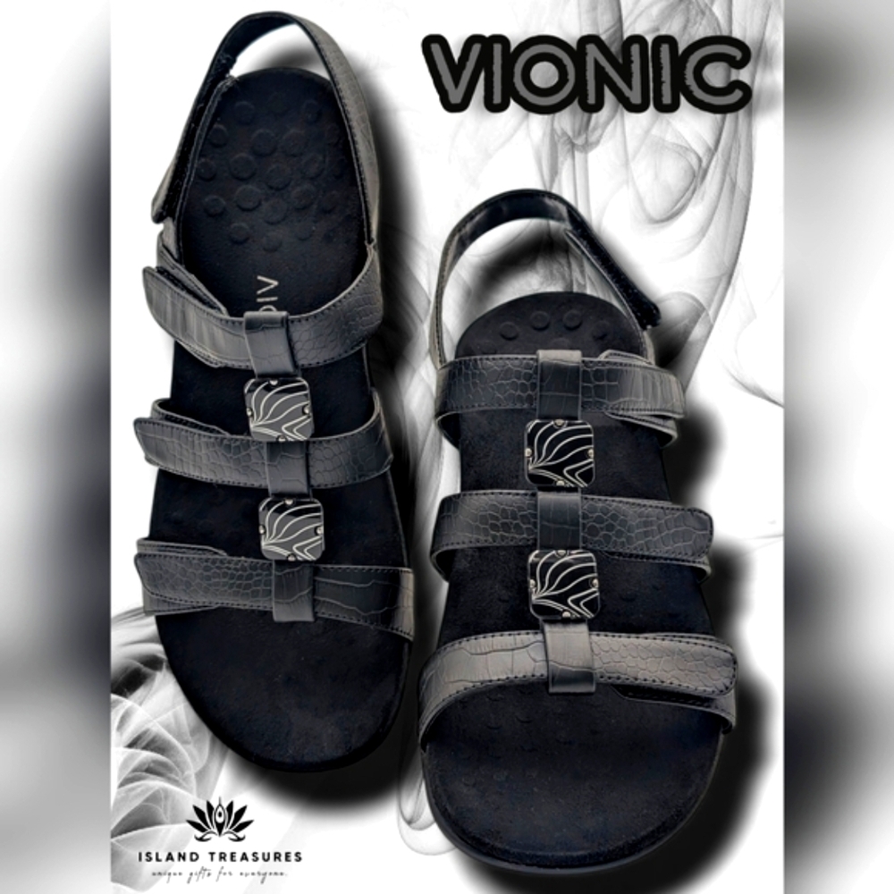 Vionic Amber Sandal Sz US 10/EU 42 Women Black Orthotic  Adjustable Backstrap